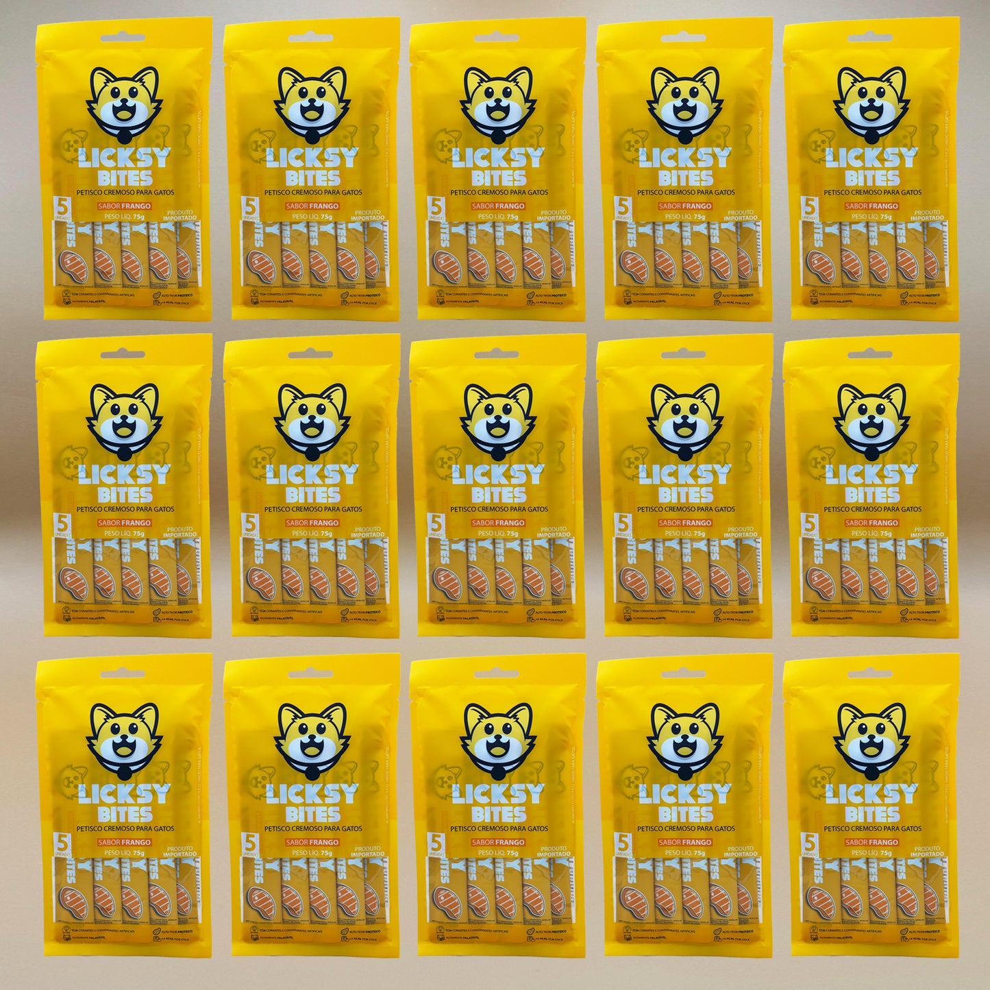 Petisco Cremoso para Gatos Licksy Bites Sabor Frango - 15 Packs (75 unidades)