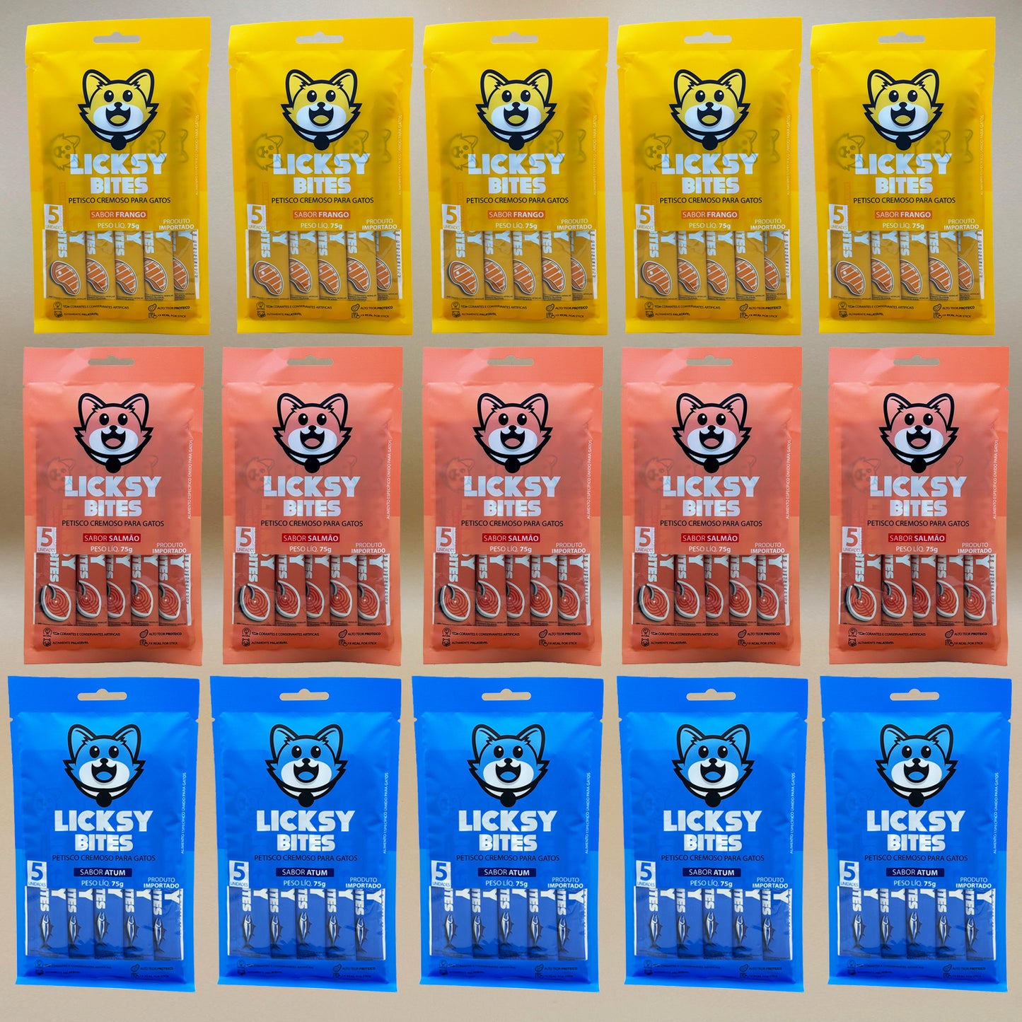 Petisco Cremoso para Gatos Licksy Bites Sabor Mix - 15 Packs (75 unidades)