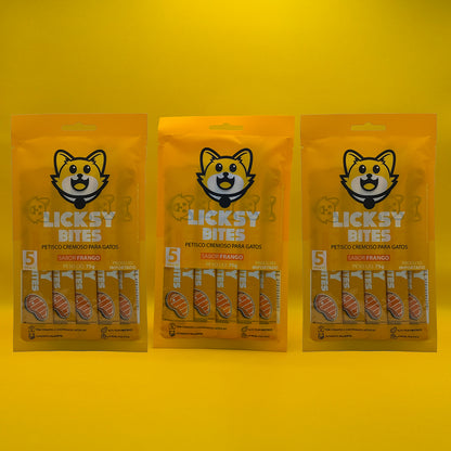 Petisco Cremoso para Gatos Licksy Bites Sabor Frango - 3 Packs (15 unidades)
