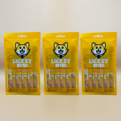 Petisco Cremoso para Gatos Licksy Bites Sabor Frango - 3 Packs (15 unidades)