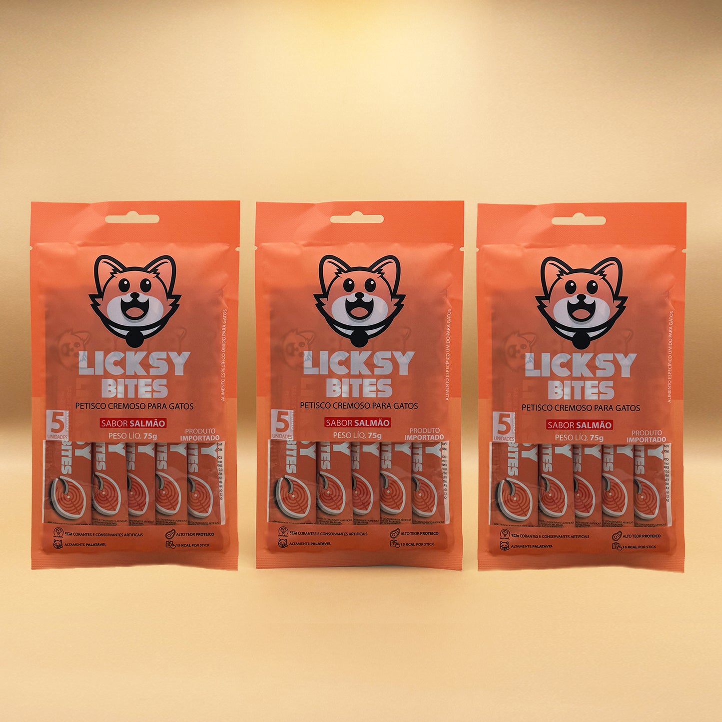 Petisco Cremoso para Gatos Licksy Bites Sabor Salmão - 3 Packs (15 unidades)
