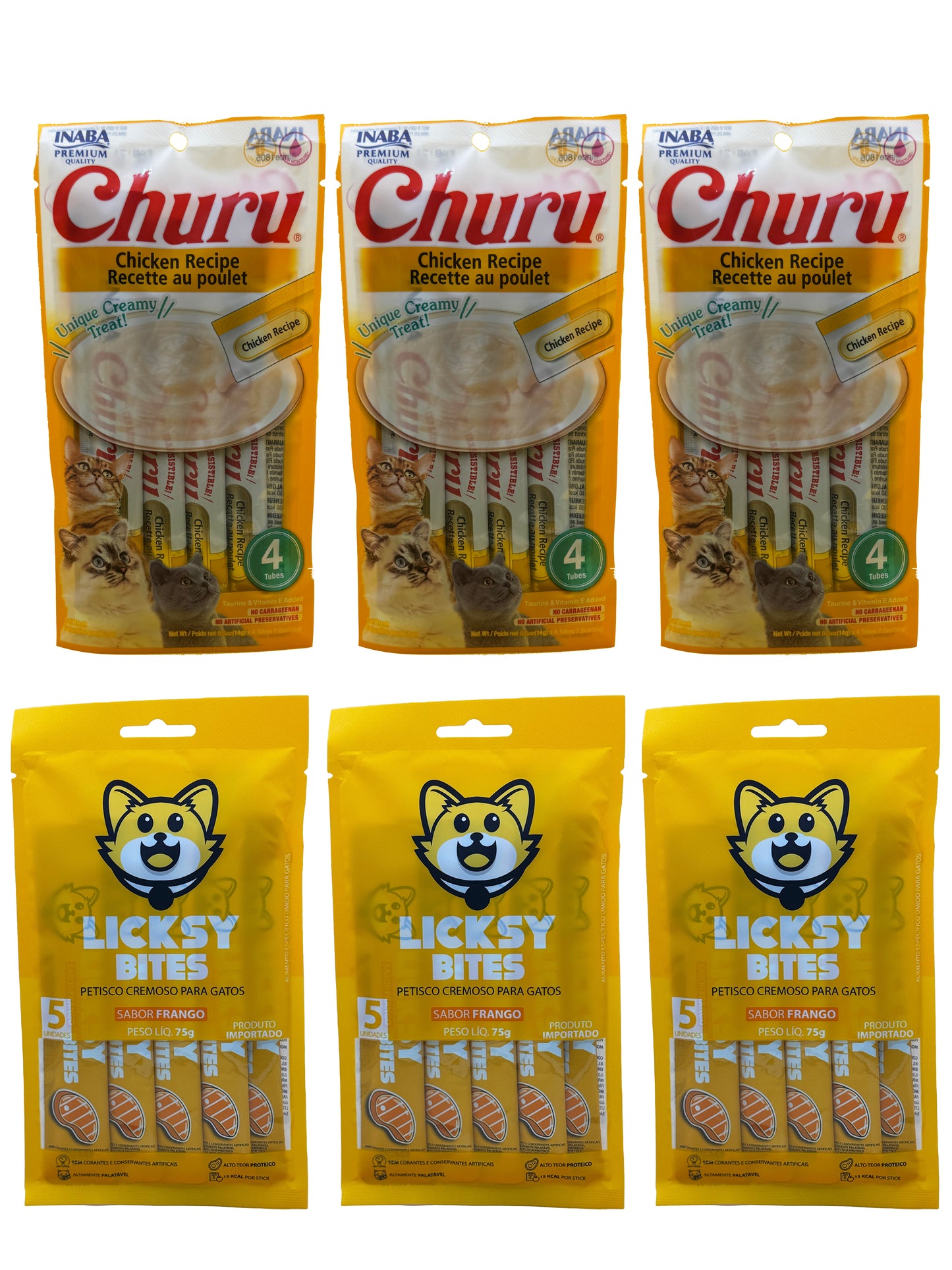 Kit Frango: 3 Licksy Frango + 3 Churu Galinha