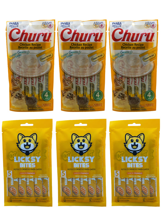 Kit Frango: 3 Licksy Frango + 3 Churu Galinha