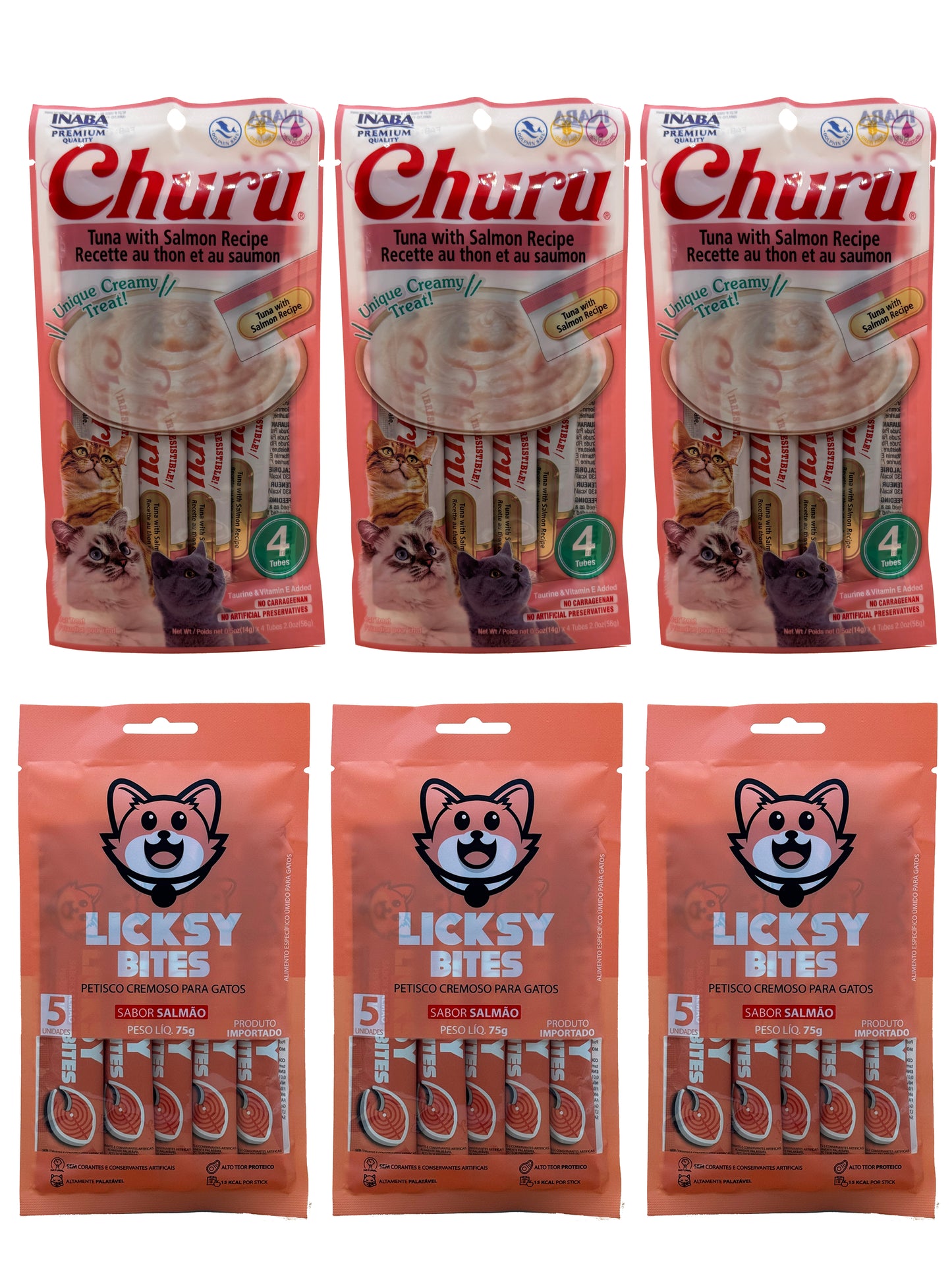 Kit Salmão: 3 Licksy Salmão + 3 Churu Atum com Salmão