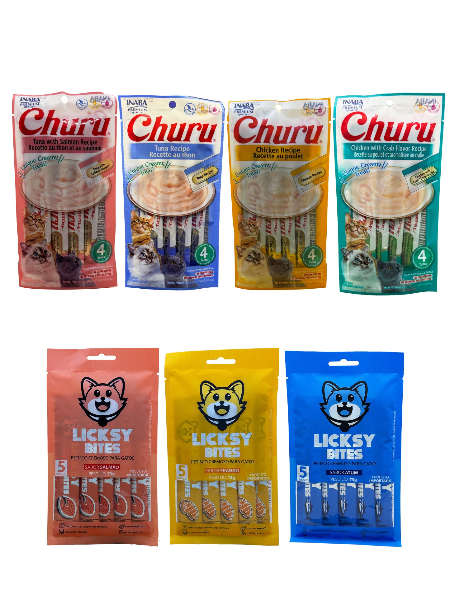 Kit Degustação Felina (7 unidades: 4 Churus + 3 Licksy)