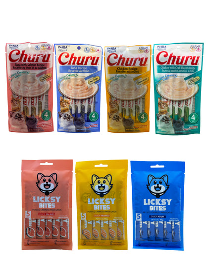 Kit Degustação Felina (7 unidades: 4 Churus + 3 Licksy)