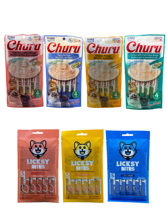 Kit Degustação Felina (7 unidades: 4 Churus + 3 Licksy)